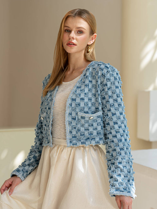 Fringe Textured Blue Cropped Jacket