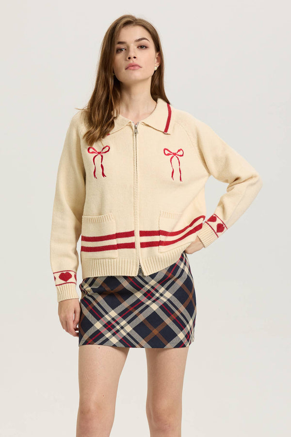 Cream Zip-Up Cardigan with Red Bow Embroidery