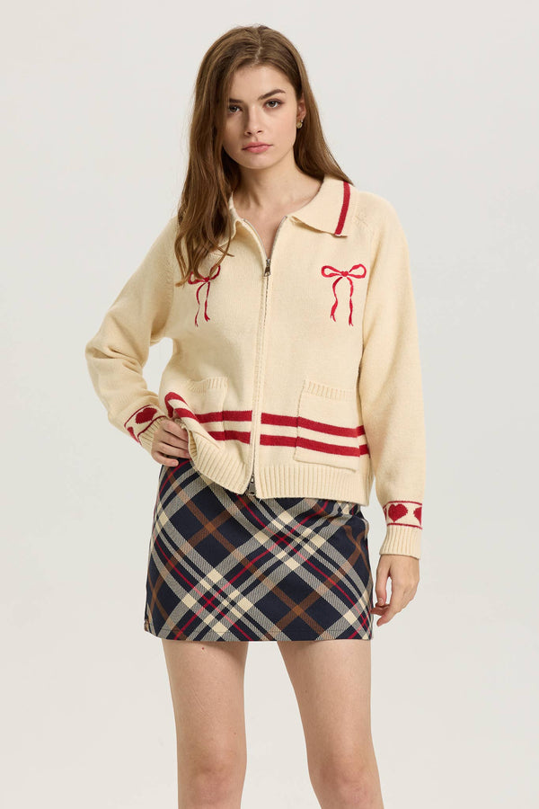 Cream Zip-Up Cardigan with Red Bow Embroidery