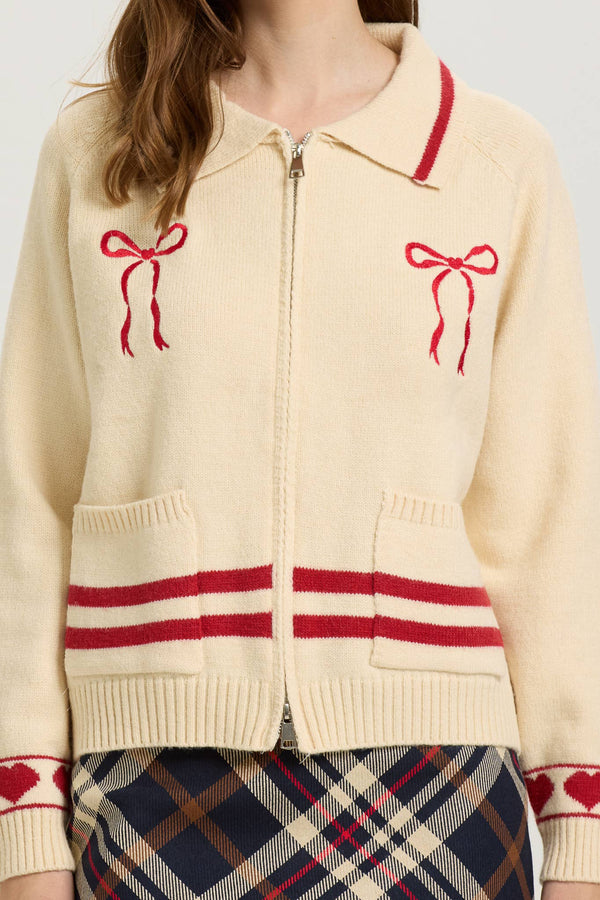 Cream Zip-Up Cardigan with Red Bow Embroidery