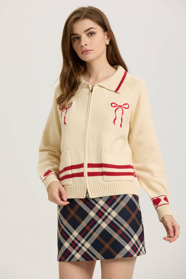 Cream Zip-Up Cardigan with Red Bow Embroidery