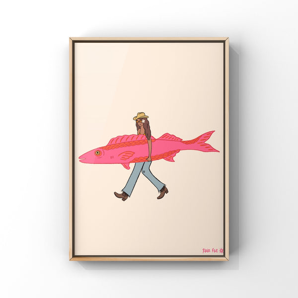 Fish Surfboard Cowgirl Art Print - 1