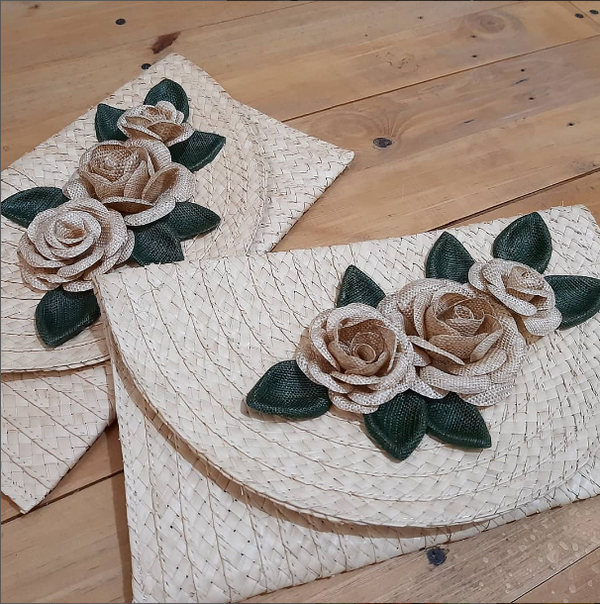 Trio Roses with leaves Clutch-Banana fiber. - 2