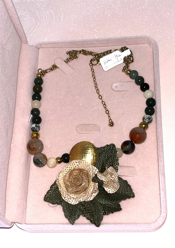 Natura Roses with Leaves Necklace- Banana fiber  - 3