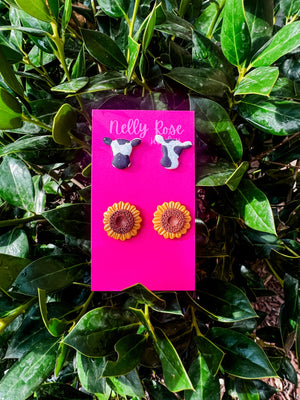 Cow and Sunflower Stud Clay Earrings - 1