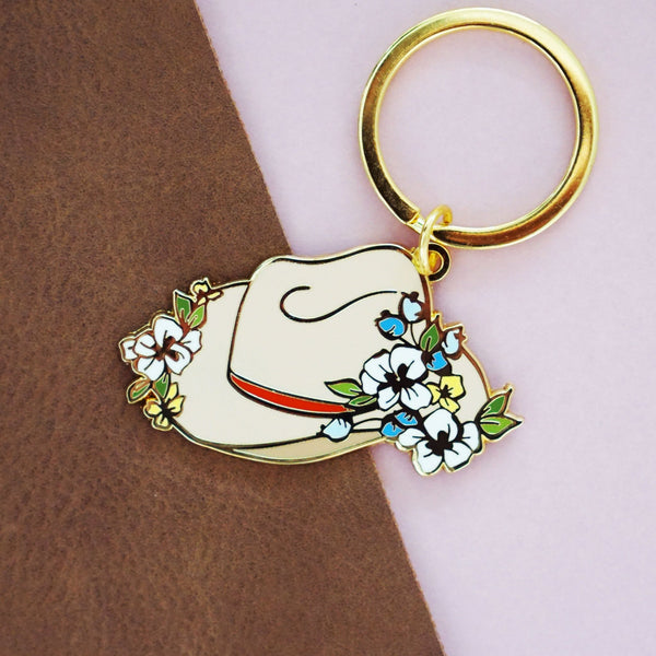 Floral Cowgirl Hat Gold Enamel Keychain - Light - 1