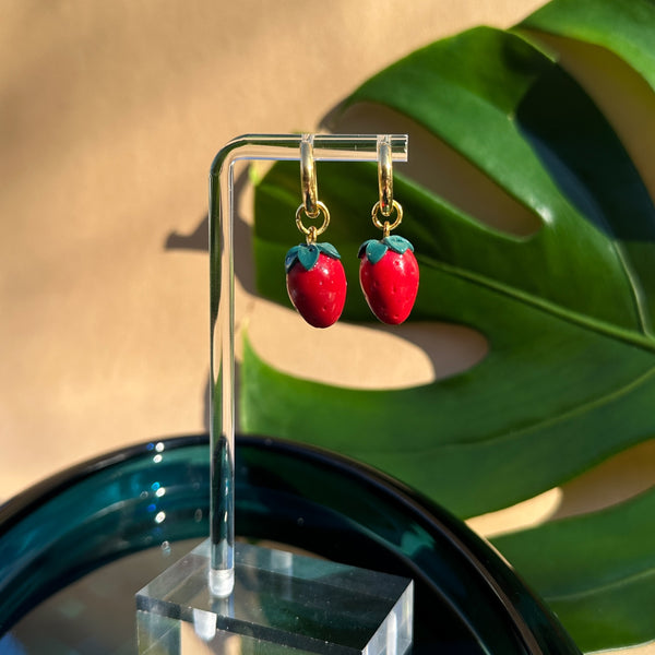 Strawberry Charm Huggie Earrings - 2