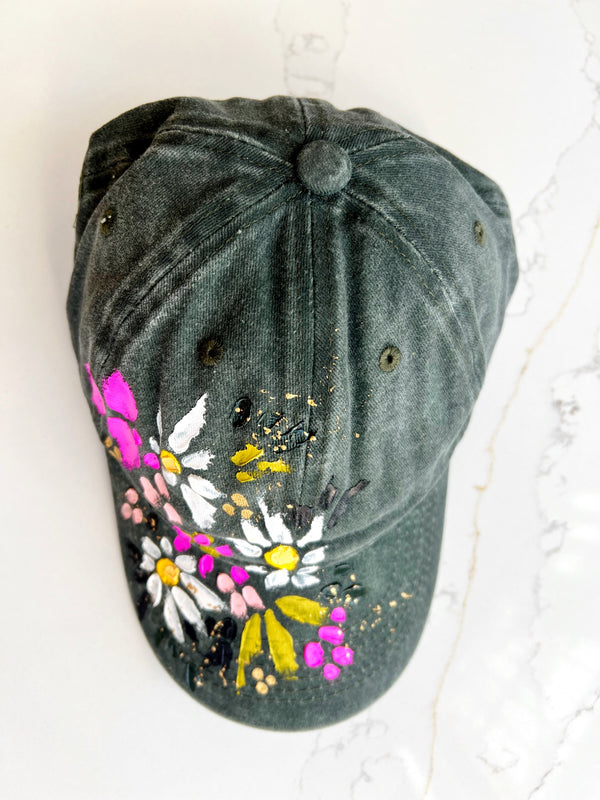 Forest green hand-painted daisy ball cap - 2