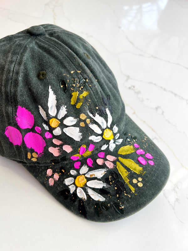 Forest green hand-painted daisy ball cap - 1