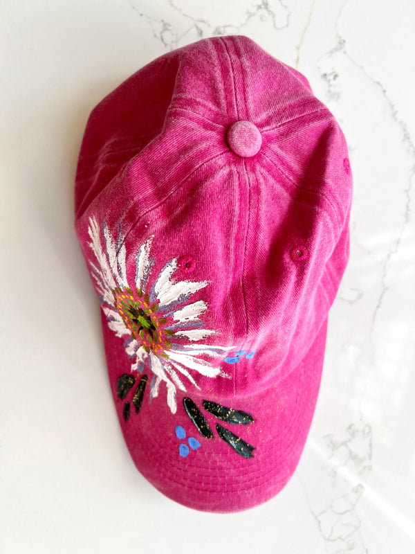 Magenta hand-painted white daisy ball cap - 2