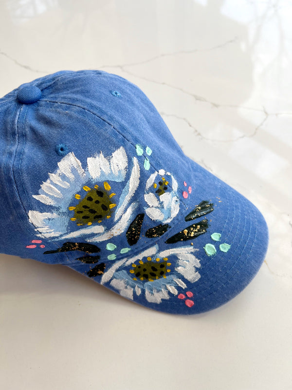 Royal blue hand-painted white poppy ball cap - 1