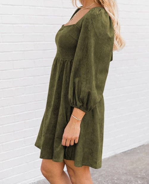 Green Suede Square Neck Puff Sleeve Dress