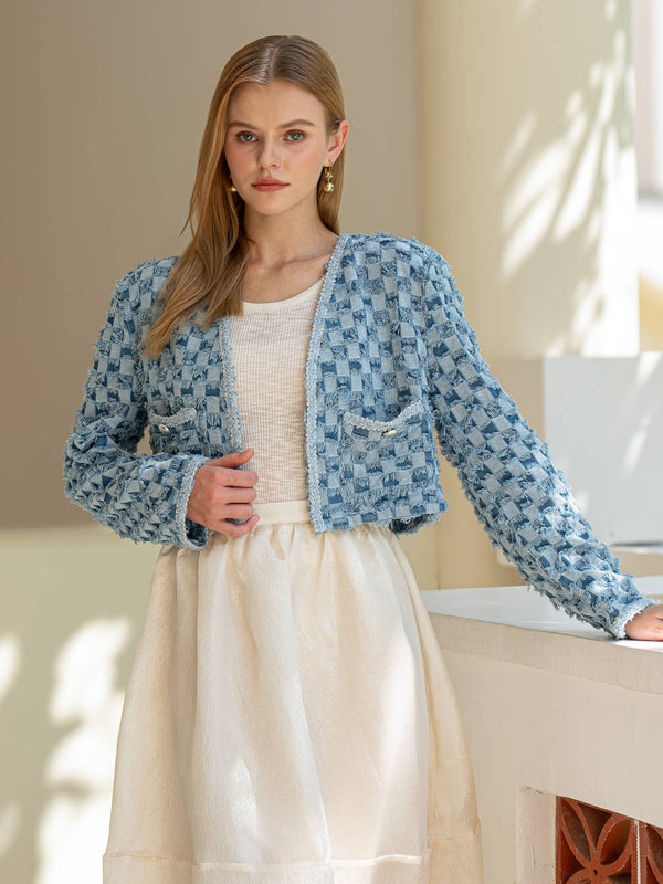 Fringe Textured Blue Cropped Jacket