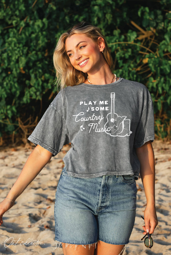 Play Me Some Country Music Cropped Mineral Graphic Top