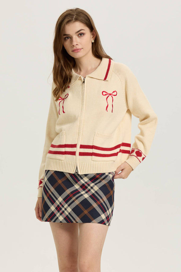 Cream Zip-Up Cardigan with Red Bow Embroidery