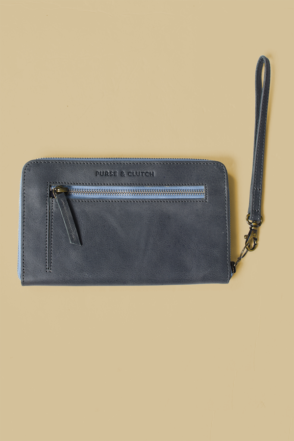 Leather Zipper Wallet Wristlet in Charcoal - 3