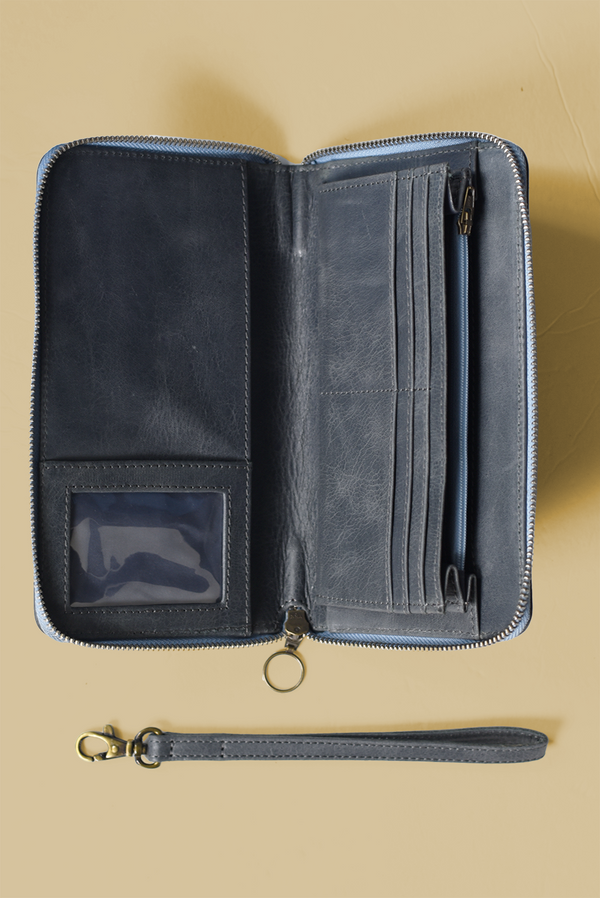 Leather Zipper Wallet Wristlet in Charcoal - 4